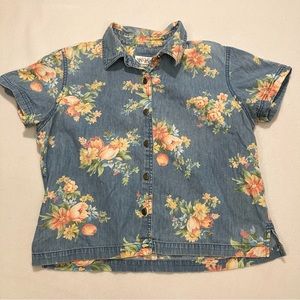 Vintage LC Villager Sport Petite Short Sleeve Button Up Denim Floral Top